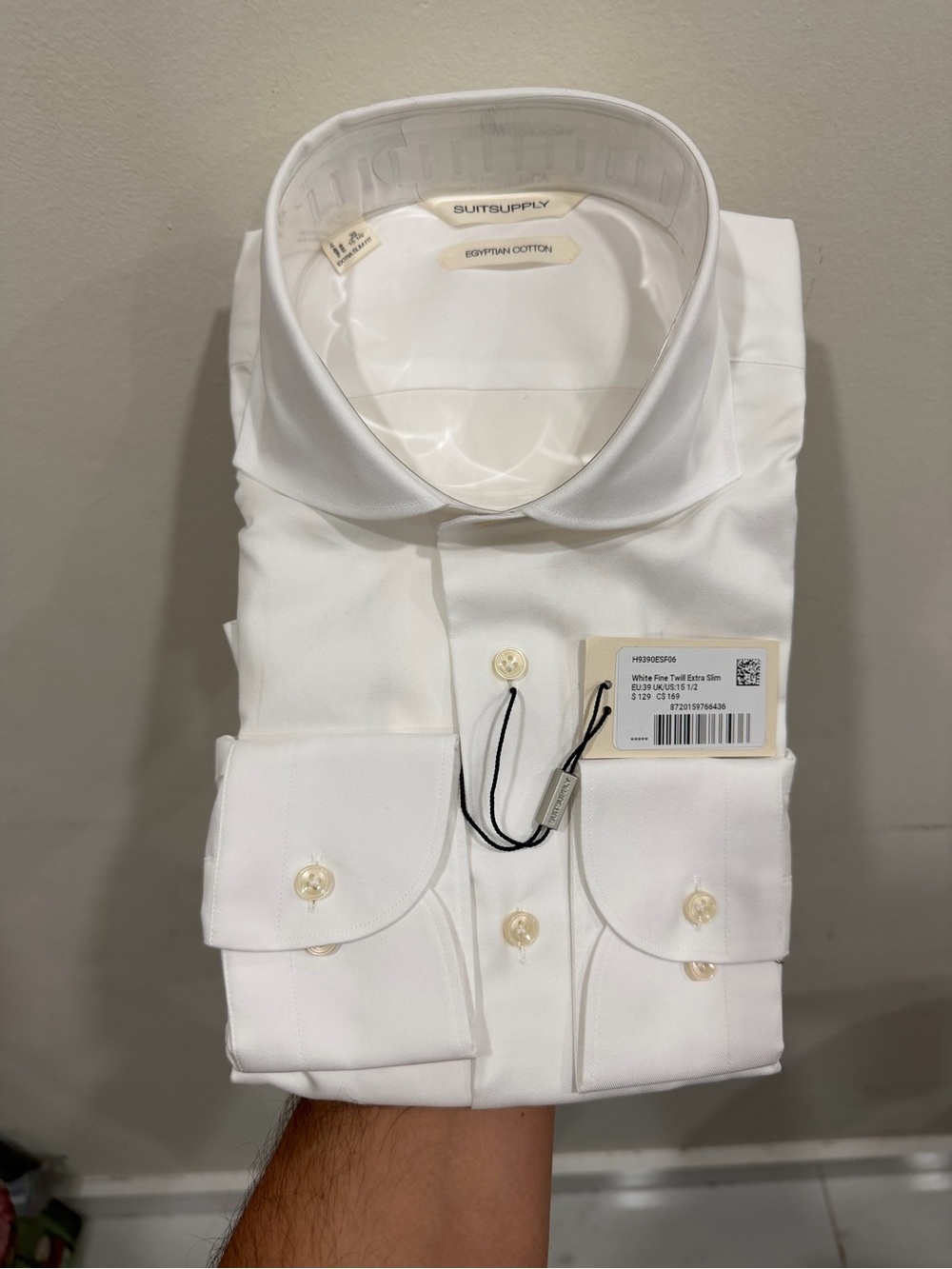 SuitSupply White Egyptian Cotton Super Spread Collar Dress Shirt 15.5 Extra Slim